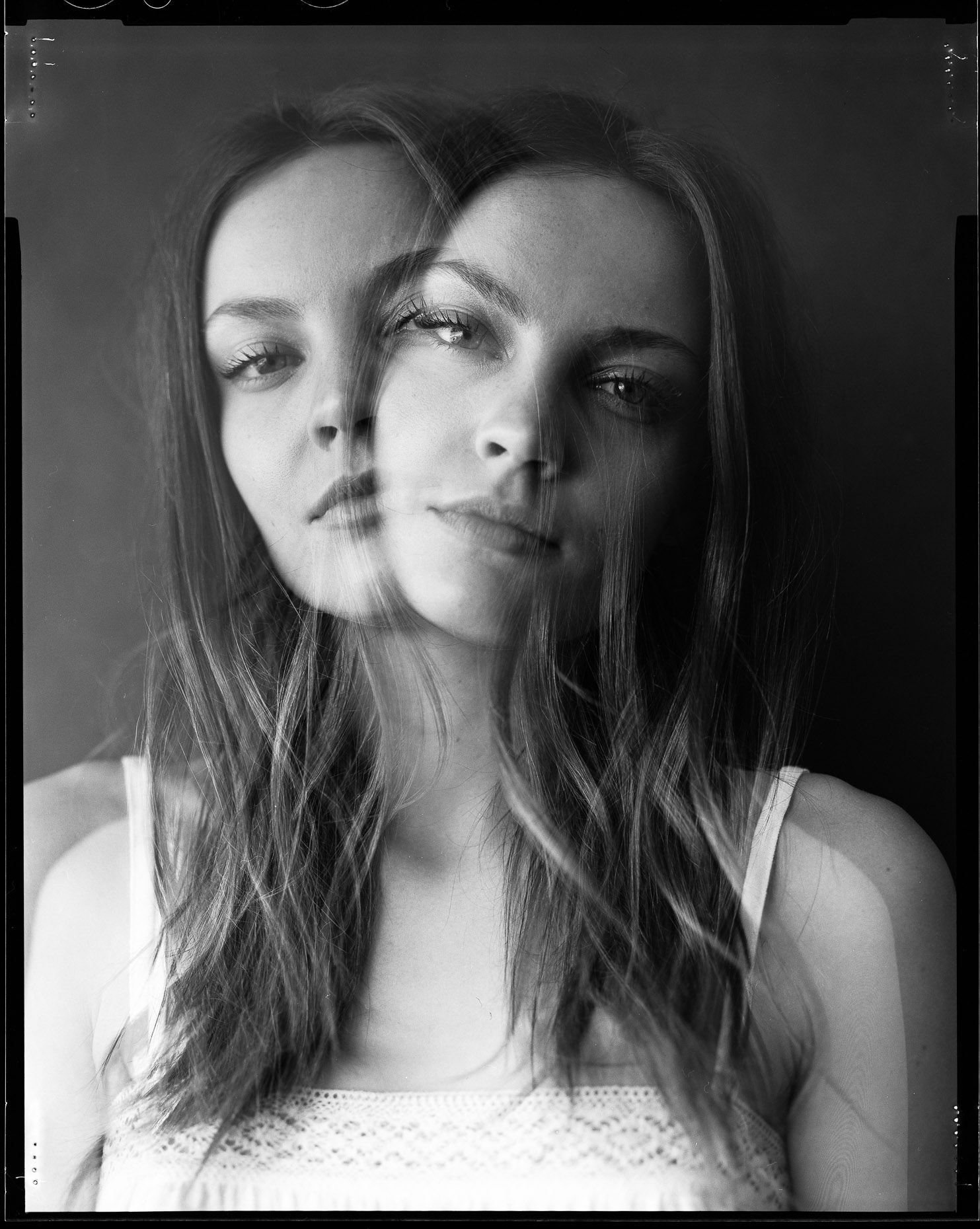 Double exposure portrait of model Sam Robinson by Shane O